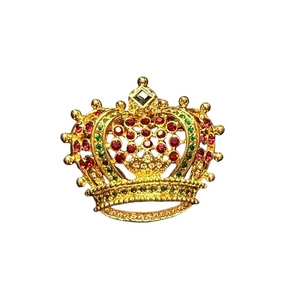Vintage Kenneth Jay Lane Goldtone Crown Brooch with Red and Green Rhinestones